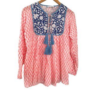 SZ Blockprints Tunic Top Small S Pink Blue Floral Tassels Vibrant Blouse Shirt